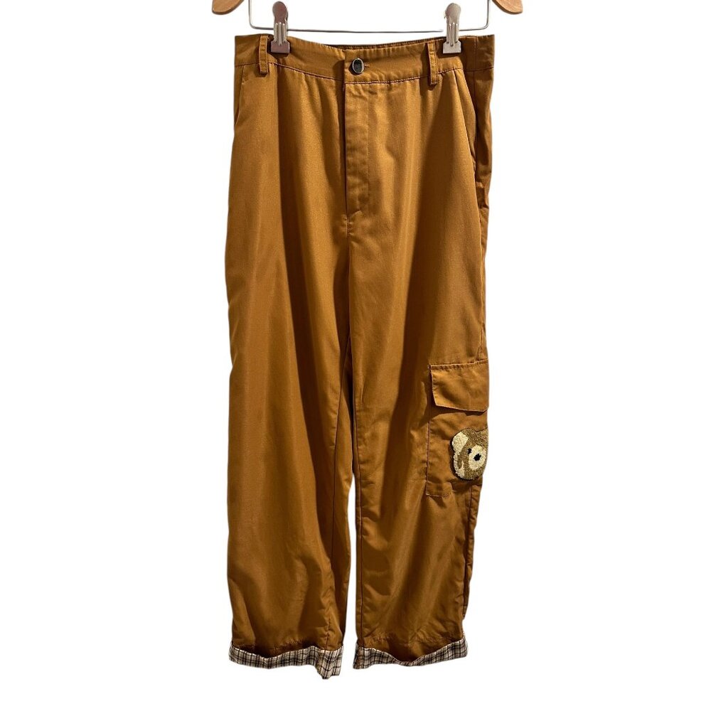 🍒 2/$20 🍒 Unique Brown Bear Patch Cargo Pants With Plaid Cuffs sz M